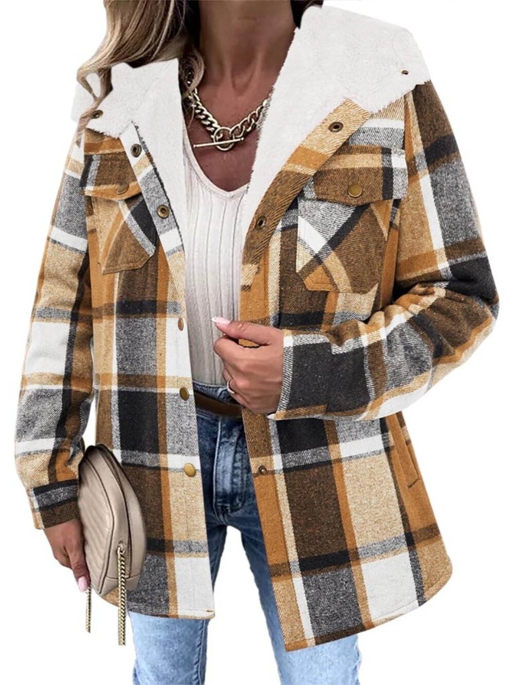 🆕Women's Brown Plaid Flannel Plaid Jacket Fleece Lined Hooded Warm Coat Casual